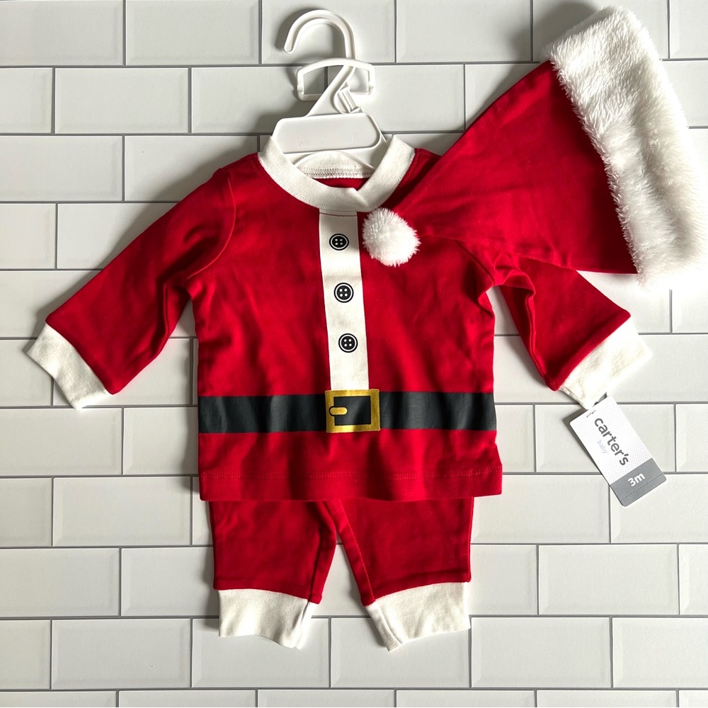 3M🎅🏻 Carter’s Santa Baby Suit Red Outfit & Plush Faux Fur Hat NEW 3 Piece Set